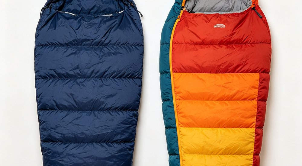 Front view studio comparison shot of disaster relief sleeping bag versus camping sleeping bag side by side showing material thickness construction quality and design differences on clean background