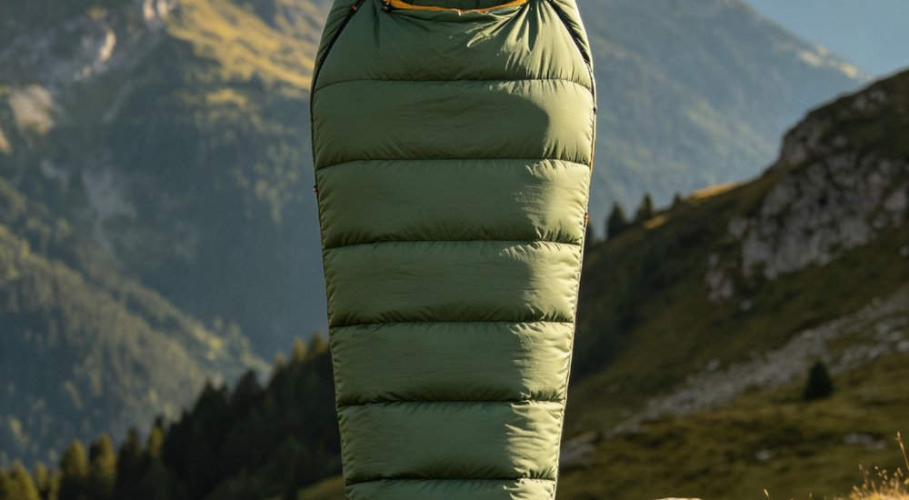 Three quarter view of mummy style sleeping bag with attached hood and tapered tapered shape displayed outdoors in natural forest setting for product comparison and thermal efficiency Three quarter view of mummy style sleeping bag with attached hood and tapered tapered shape displayed outdoors in natural forest setting for product comparison and thermal efficiency