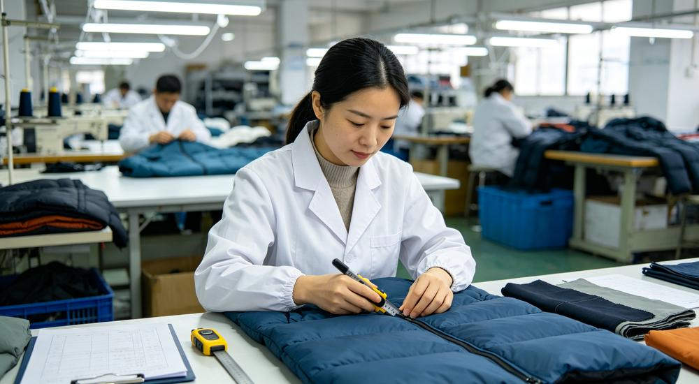 Quality control inspection at sleeping bag factory with Asian Chinese female inspector in white coat examining zipper with measuring tools at workstation inspection documents on table bright quality control room professional manufacturing environment in navy blue and white colors