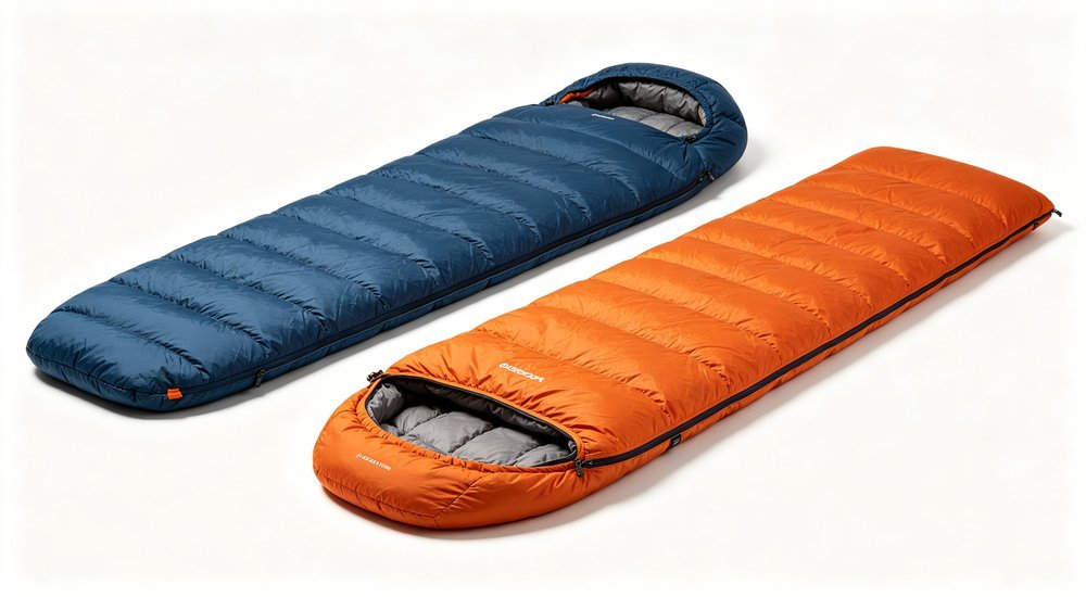 Professional product shot of single and connectable sleeping bags in navy and orange colors for wholesale catalog photography and marketing materials display professional