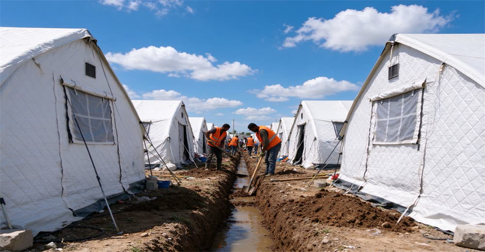 Wide view of workers in orange vests digging drainage ditch between rows of white relief tents at refugee camp, blue sky with clouds, showing camp infrastructure setup for humanitarian relief operations Wide view of workers in orange vests digging drainage ditch between rows of white relief tents at refugee camp, blue sky with clouds, showing camp infrastructure setup for humanitarian relief operations