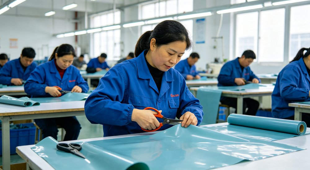 Chinese factory with Asian faces manufacturing tent accessories in bright clean workshop red and white inflatable emergency shelter for disaster relief operations