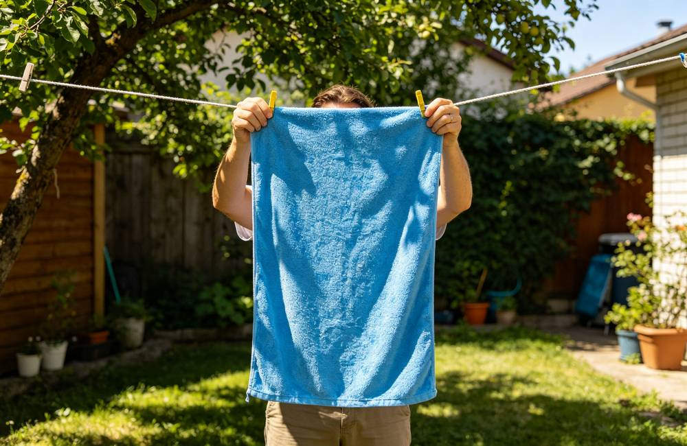 Washed PVA cooling towels hanging on outdoor drying rack ready for reuse in community heat relief program