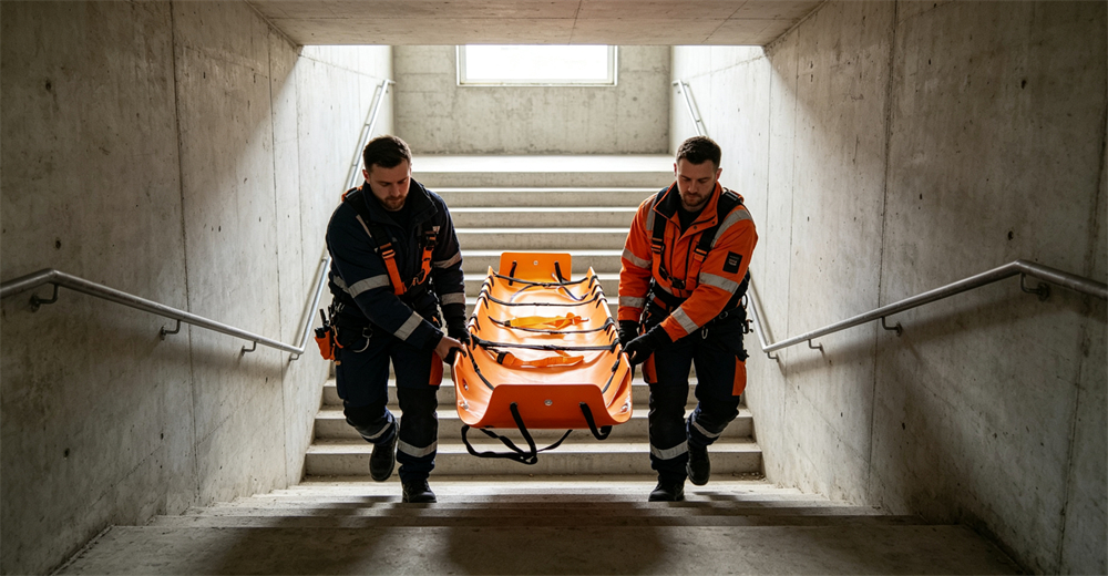 Aluminum basket rescue stretcher used in mountain rock rescue operation being lowered by safety rope system for wholesale bulk water rescue equipment supply