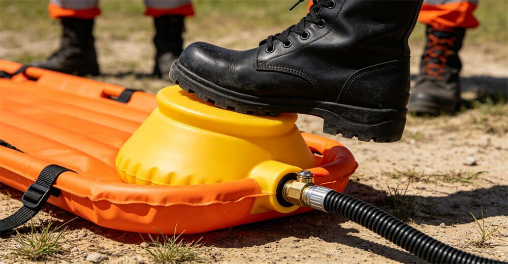 Closeup of scoop stretcher side locking pins and ergonomic carry handles showing sturdy construction for wholesale bulk water rescue equipment supply
