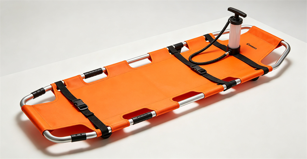 Stainless steel scoop stretcher being loaded into rear of ambulance demonstrating compact ambulance fit for wholesale bulk water rescue equipment supply