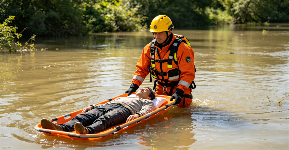 Moisture proof waterproof nylon material of emergency rescue stretcher shown closeup for wet use for wholesale bulk water rescue equipment supply