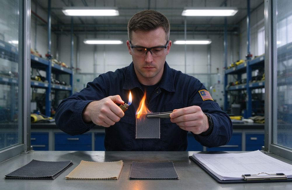 Top-down view of pBI thermal fabric flame test in lab, turnout gear PBI heat protection material, firefighter turnout gear bulk supplier test report