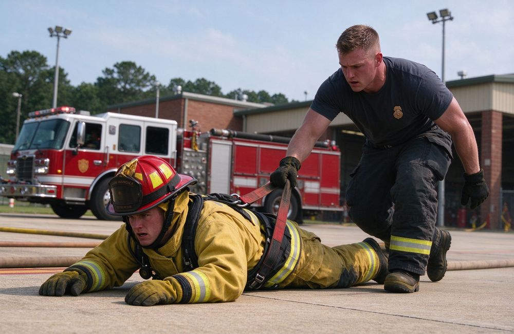 Ground-level view of firefighter DRD drag rescue drill in turnout gear, drag rescue device training, yellow reflective firefighter turnout gear rescue strap for firefighter turnout gear wholesale buyers