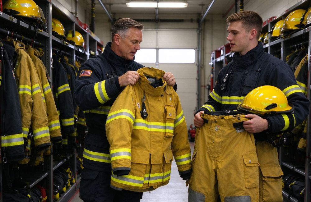 Close-up view of turnout gear pockets loops reinforced knees elbows, yellow with reflective trim firefighter turnout gear manufacturer key extras for firefighter turnout gear wholesale buyers for structural firefighting protective clothing bulk supply