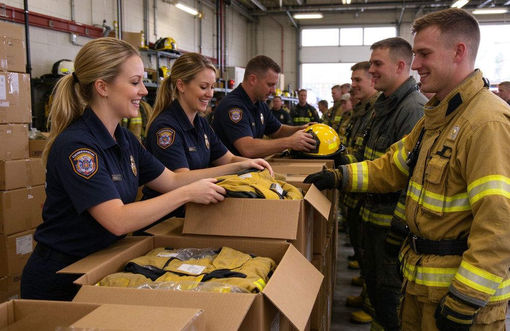 High-angle view of yellow inventory firefighter turnout gear inventory replacement cycle planning, fire department turnout gear supplier long term for firefighter turnout gear wholesale buyers for structural firefighting protective clothing bulk supply