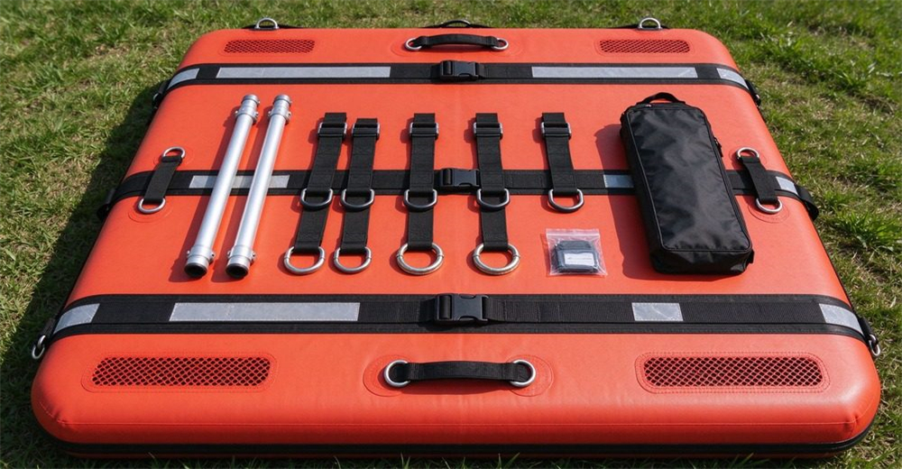Standard accessories kit on authentic foam-filled platform: two 2m aluminum carrying poles, three sets of black fixing straps with D-rings, two metal tow rings, black storage bag, repair kit, platform has horizontal straps and drainage holes.