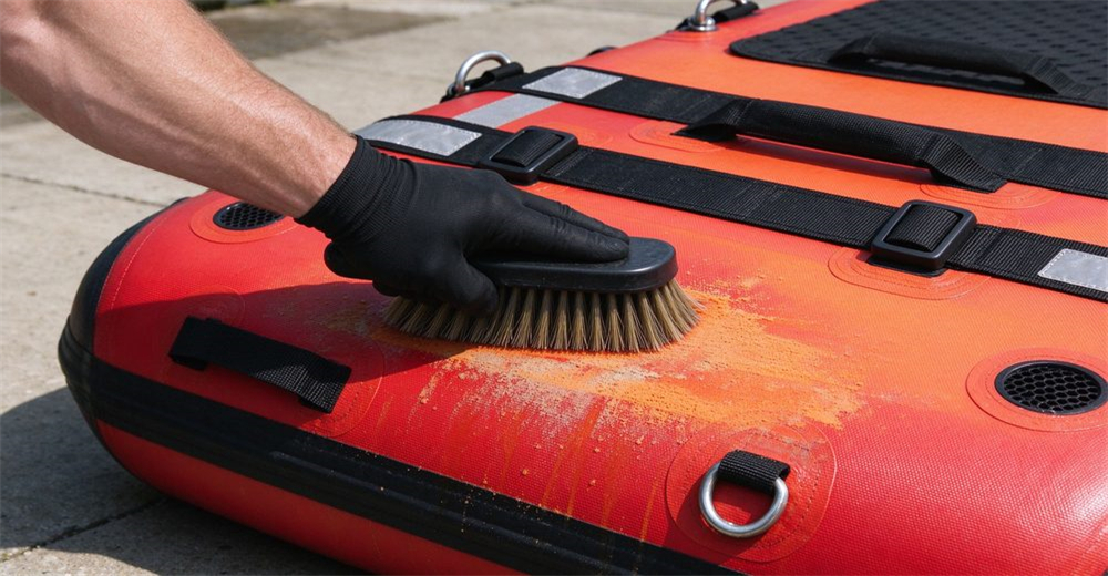 Abrasion resistance test on 600D Oxford fabric surface of foam-filled floating platform using hard brush and brick, demonstrating durable wear-resistant material quality for rugged water rescue environments.