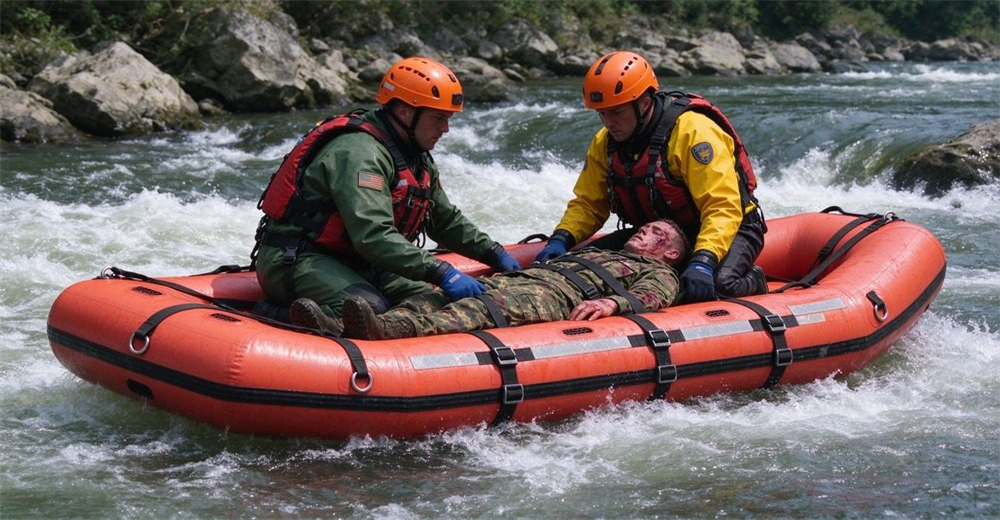 Real complex water rescue in rapids, two rescuers in full gear on authentic foam-filled platform with horizontal straps navigating whitewater, patient in camouflage with injuries secured by straps, rocky river background. Real complex water rescue in rapids, two rescuers in full gear on authentic foam-filled platform with horizontal straps navigating whitewater, patient in camouflage with injuries secured by straps, rocky river background.