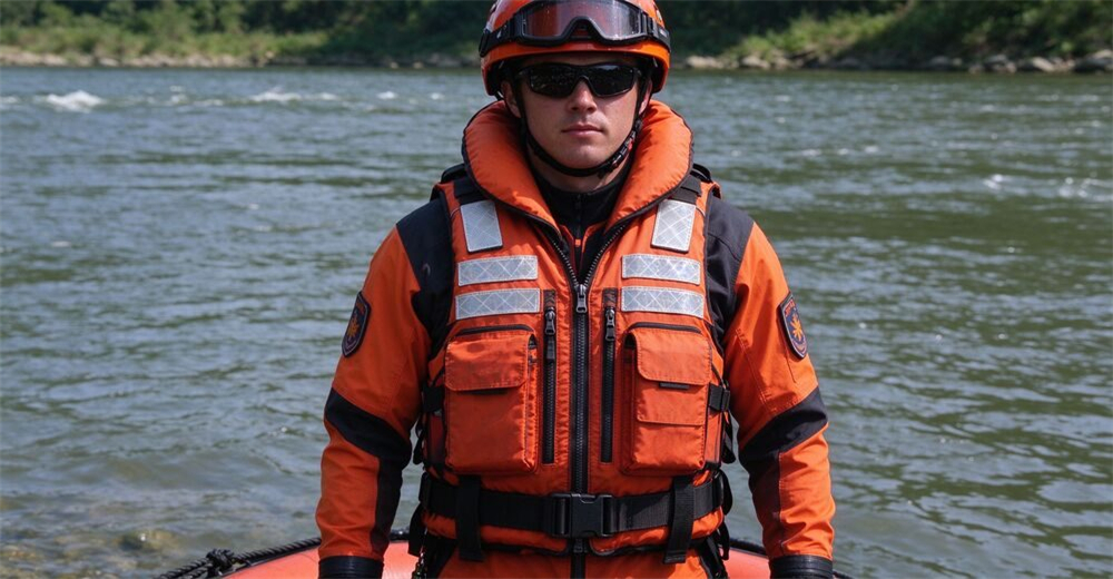 Related product: authentic water rescue life jacket real wearing photo with professional rescuer in river, essential flood rescue equipment for water rescue floating platform users.