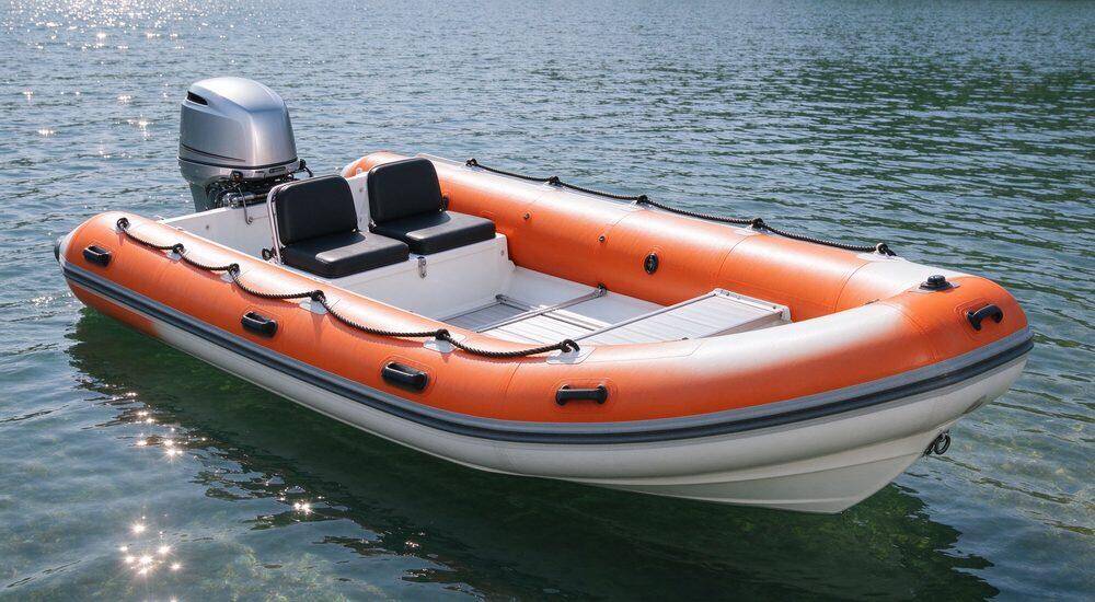 Rigid inflatable boat RIB with fiberglass V-shaped hull and bright orange PVC collars floating on calm lake water ready for immediate emergency rescue boat deployment by professional team