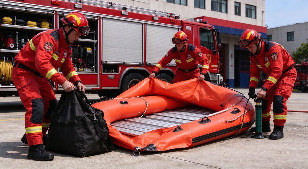 Rapid deployment of portable rescue boat from compact carry bag by male rescuer during emergency flood response demonstrating fast unpacking and setup procedure for disaster teams