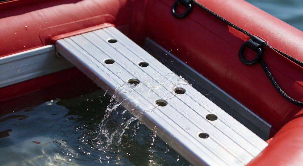 Technical infographic explaining self-bailing design of rigid inflatable boat showing floor drain holes and automatic water evacuation mechanism in detailed cutaway diagram for flood rescue boat operations