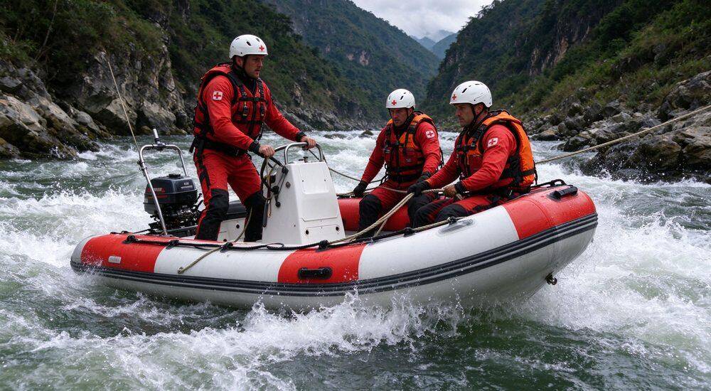 Professional whitewater rescue RIB with self-bailing floor navigating rapids with helmeted male rescue team in full PFDs performing swiftwater victim extraction and patient transfer as rescue watercraft