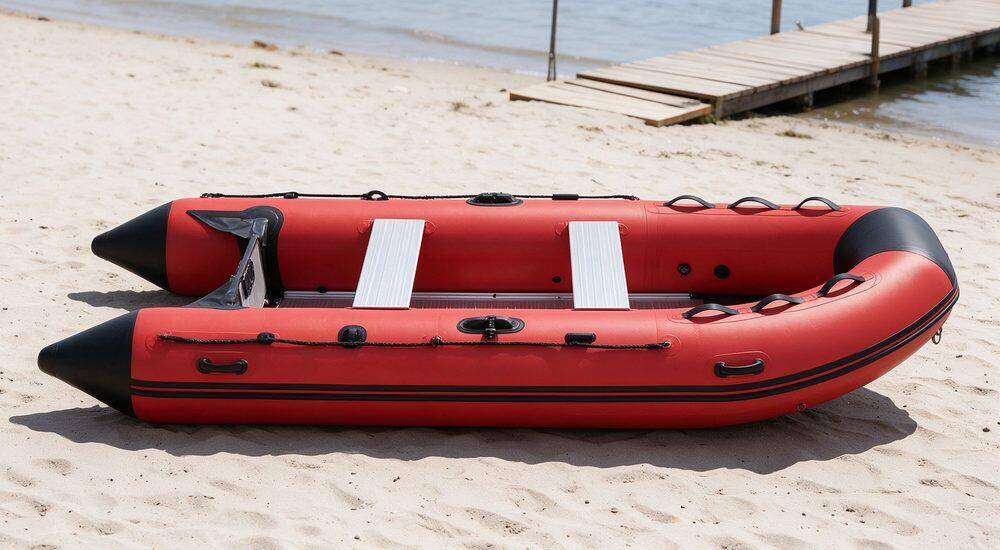 Specification table infographic for inflatable rescue boat models showing overall dimensions tube diameter passenger capacity weight and recommended motor power options for buyers and procurement