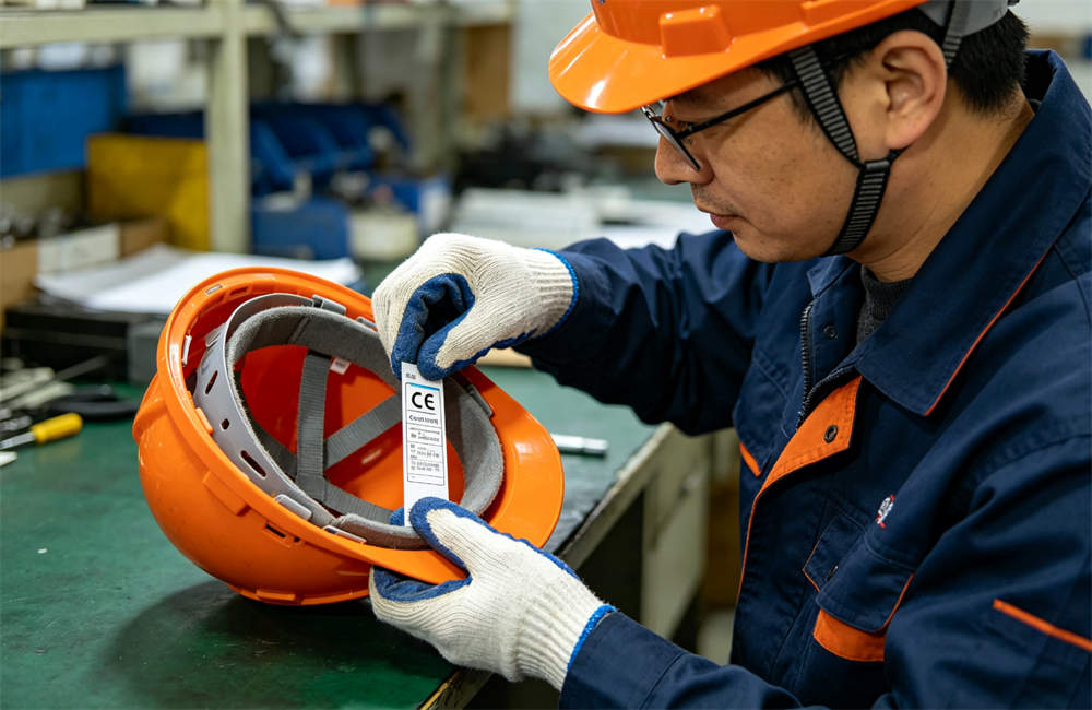 Quality control worker applying CE certification label to safety helmet before bulk export shipment to global buyers today now now for bulk tornado emergency kit procurement and wholesale NGO relief orders today now