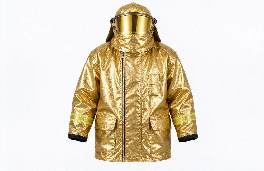 Close-up view of carbon fiber fire entry suit with gold visor full front view for extreme heat protection in fire entry suit bulk supply and firefighter equipment selection