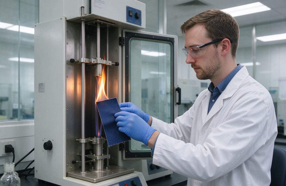 Top-down view of fR fabric flame test laboratory showing flame resistant coveralls material testing for fire resistant protective clothing quality and NFPA 2112 compliance