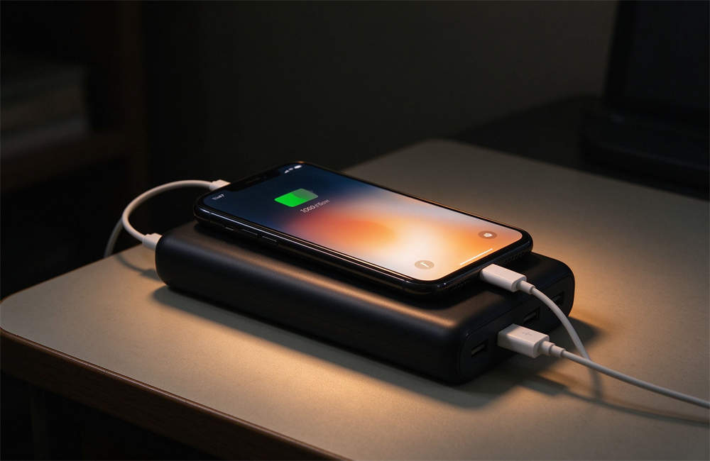 Portable power bank charging a smartphone in a dark room during a multi-day power outage, warm LED indicator light, essential emergency supplies wholesale item