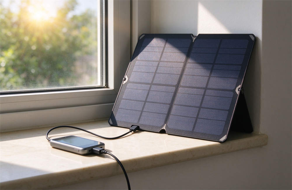 20W foldable solar panel propped against a windowsill charging a smartphone during power outage, recharges power banks off-grid in 4 hours on a sunny day