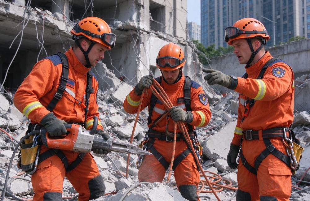 Eye-level view of technical rescue team in orange rescue clothing working at collapse scene for emergency rescue clothing wholesale supply to rescue organizations