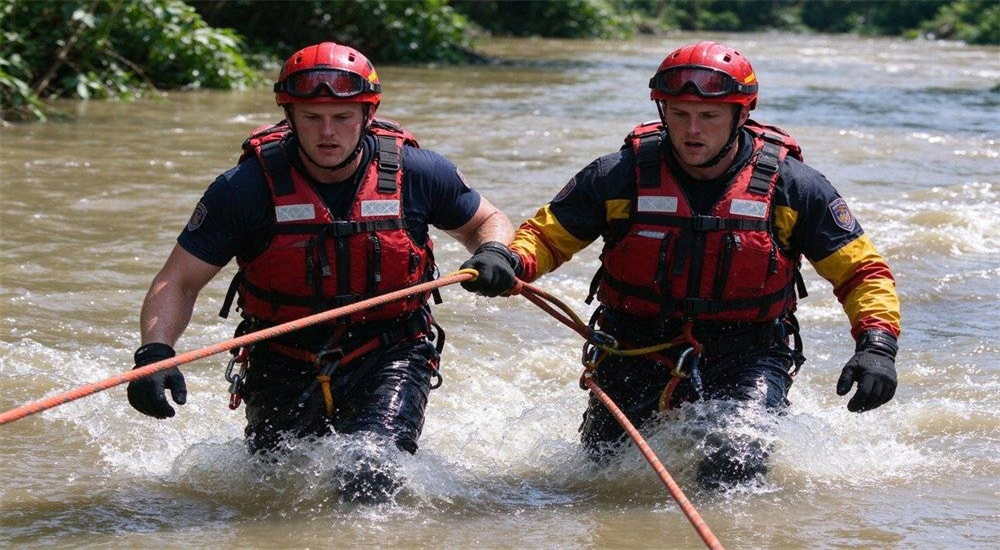 Water rescue training drill action shot showing team practicing rope rescue techniques in turbulent river conditions with proper PFD usage