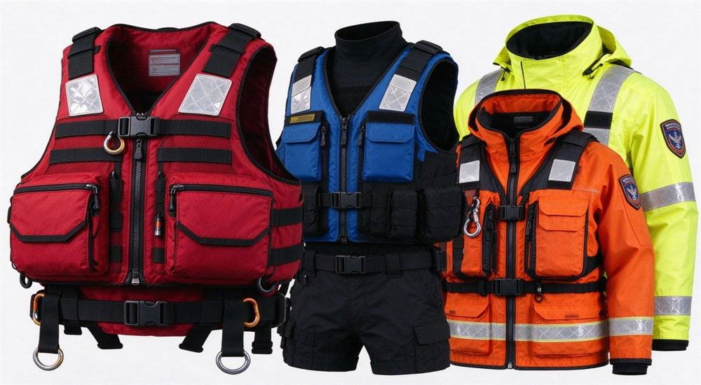 Water rescue PFD collection multiple types showing foam inflatable and hybrid models with various buoyancy ratings for different operational needs Water rescue PFD collection multiple types showing foam inflatable and hybrid models with various buoyancy ratings for different operational needs