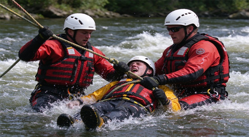 Water rescuers with helmets and life vests perform rope rescue operation in rapid river current