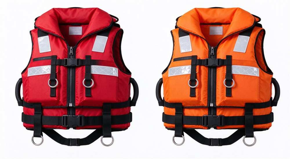 Flood rescue life jackets in red and orange high visibility colors with quick release harnesses and multiple attachment points for swiftwater operations