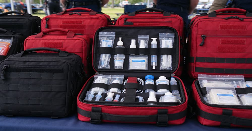 Front view of red tactical trauma bleeding control kit pouch with tourniquet and gauze showing individual first aid kits