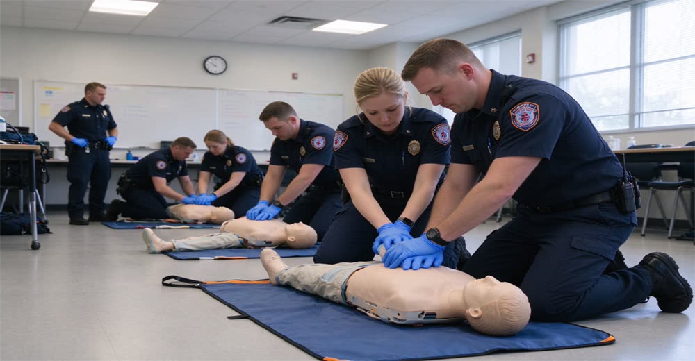 Wide view of emergency responders practicing tourniquet application in classroom training showing mass casualty first aid training