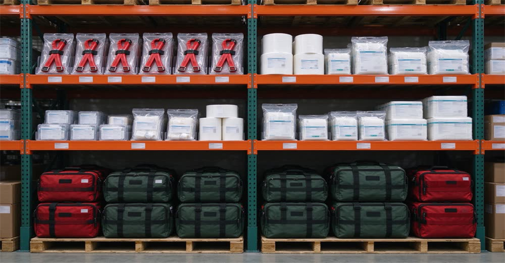 Wide warehouse view of shelves stocked with trauma kits bandages and first aid supplies products visible showing bulk medical equipment