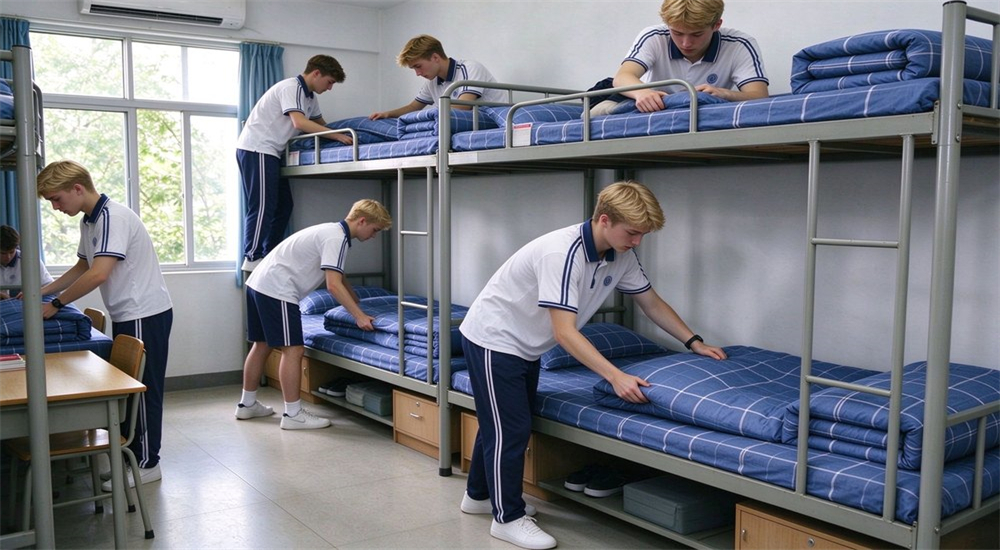Complete school dormitory room with bunk beds, bedding and an emergency kit, showing how wholesale school dormitory bedding supplies outfit boarding rooms for student accommodation procurement