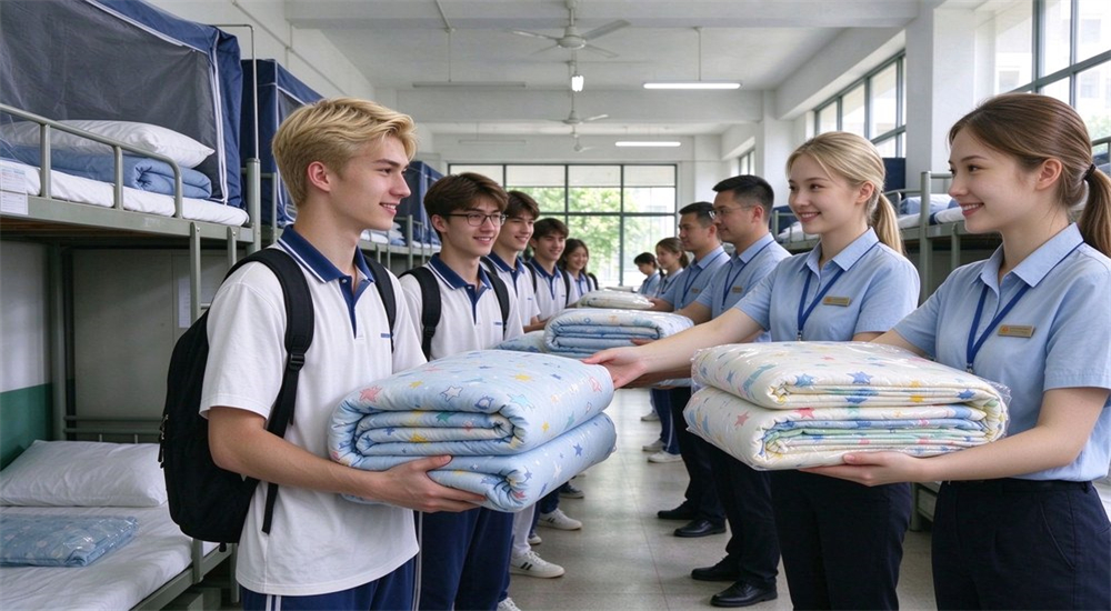 School move in day students receiving bedding for school bedding supplier, showing staff handing bedding sets and mosquito nets to students for dormitory textile bulk orders