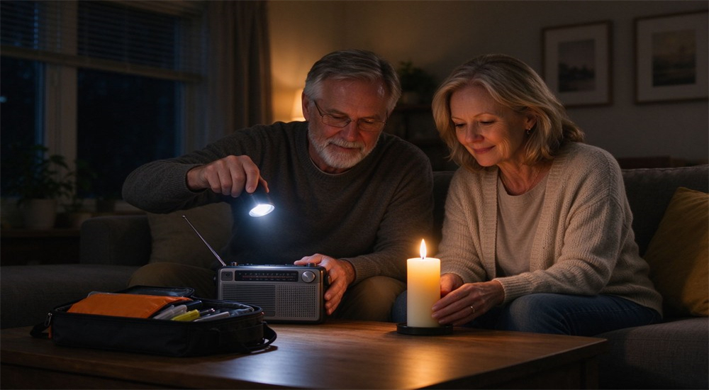 Couple using a hand crank radio and flashlight by candlelight during a power outage, emergency communication and lighting for family disaster kits