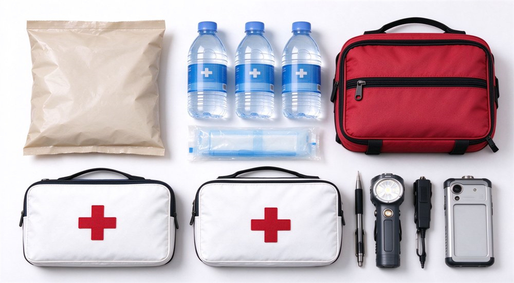 Emergency preparedness kit with sealed food pouch bottled water first aid bags flashlight pen radio and communication device neatly arranged together