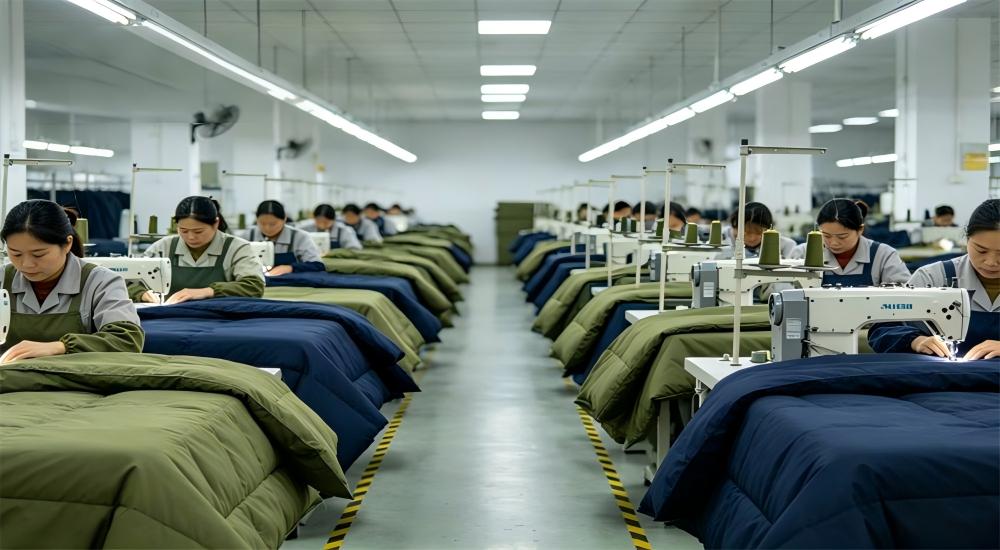 Asian workers sewing olive green military bedding fabric in a clean textile production workshop for army textiles manufacturer wholesale supplier supplying bulk army bedding to government and ngo buyers