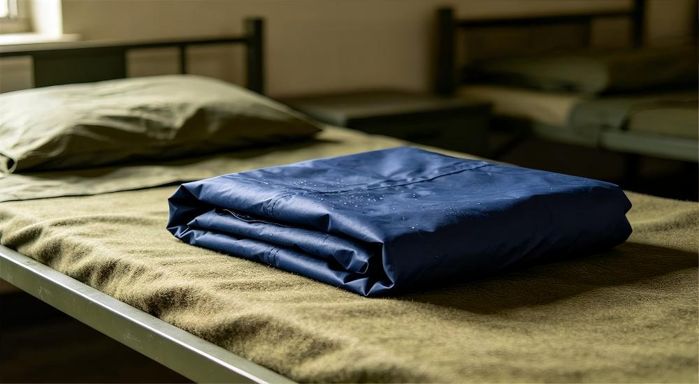 Navy blue military rain poncho folded on a cot for bulk military ponchos institutional order packing for military ponchos wholesale bulk shelter and field supply Navy blue military rain poncho folded on a cot for bulk military ponchos institutional order packing for military ponchos wholesale bulk shelter and field supply