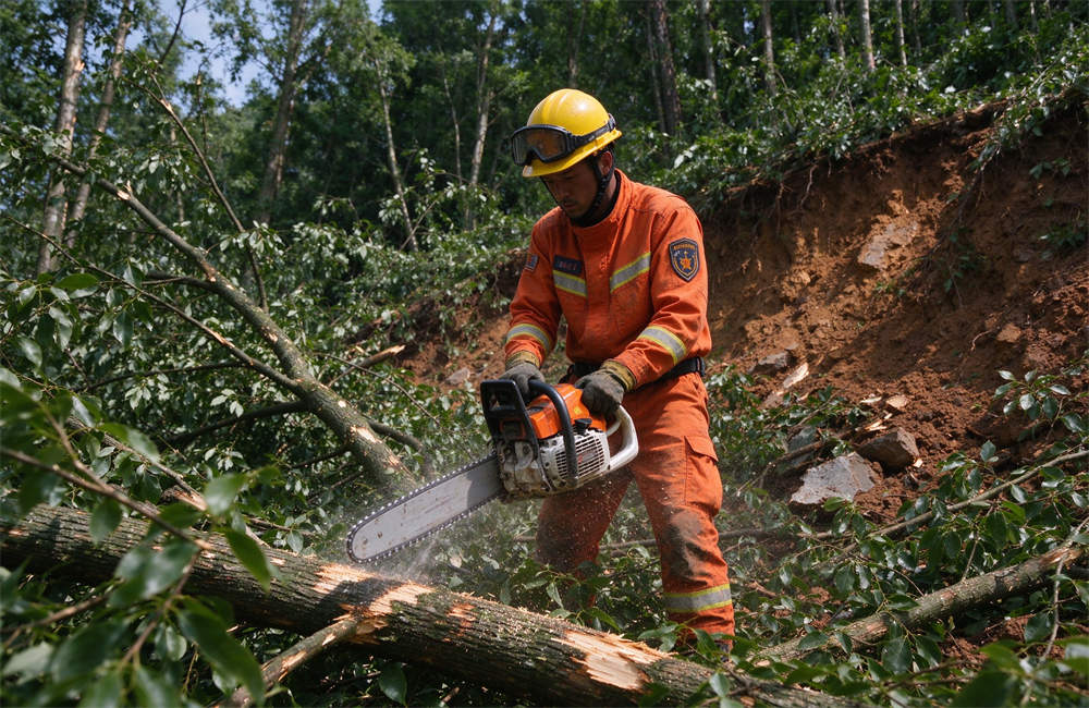 Western rescue worker using gasoline chainsaw to clear fallen trees after landslide, orange uniform, yellow hard hat for landslide rescue equipment wholesale, factory direct pricing available