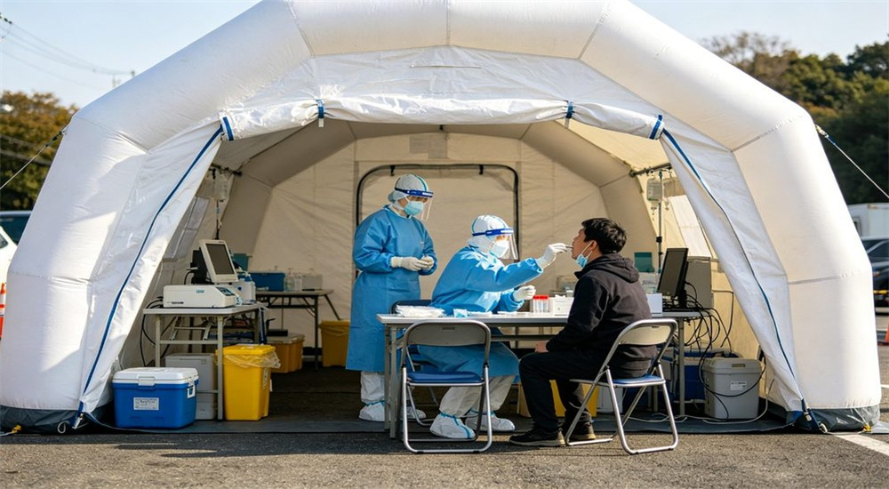 White inflatable emergency field tent, onsite emergency service works inside the shelter White inflatable emergency field tent, onsite emergency service works inside the shelter
