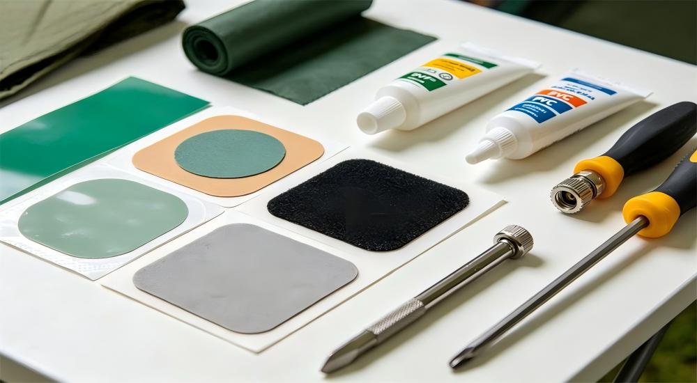 PVC inflatable tent repair kit, adhesive glue, fabric patches and maintenance tools on table PVC inflatable tent repair kit, adhesive glue, fabric patches and maintenance tools on table