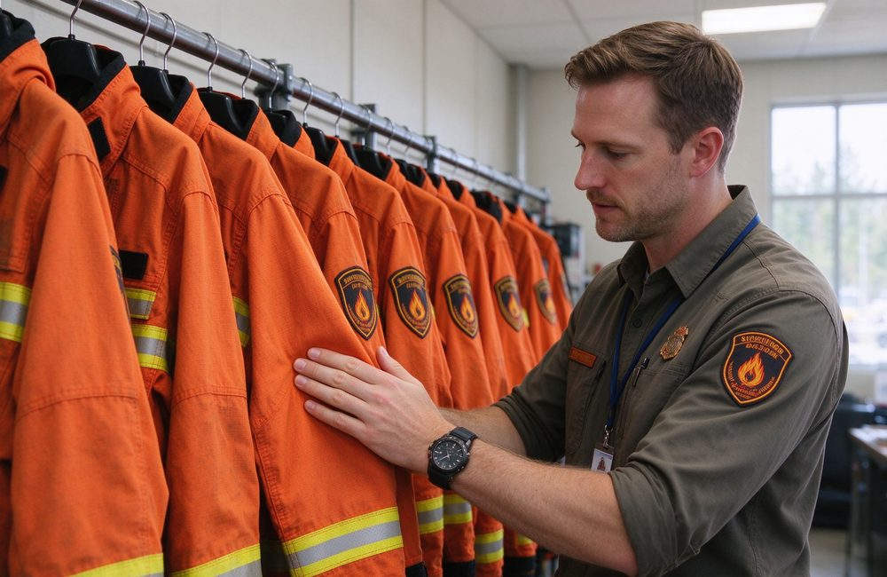 High-angle view of forest fire suit export packing in cartons for orange with yellow trim wildland firefighting clothing overseas supply and wildland fire gear international delivery at remote mountain sites