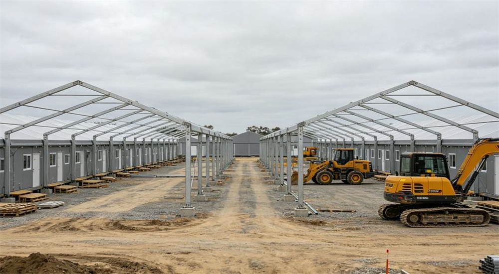 Construction site temporary worker camp with frame tents for project team accommodation