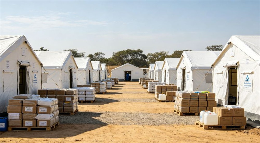 Humanitarian disaster relief camp with emergency tents for displaced persons