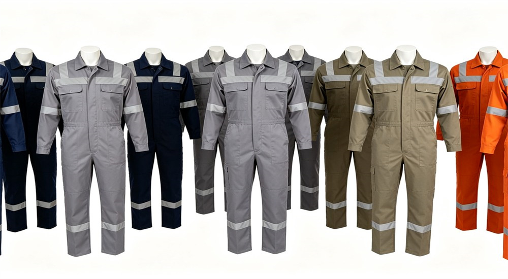 Multiple work coveralls in navy grey khaki orange with reflective strips for workers